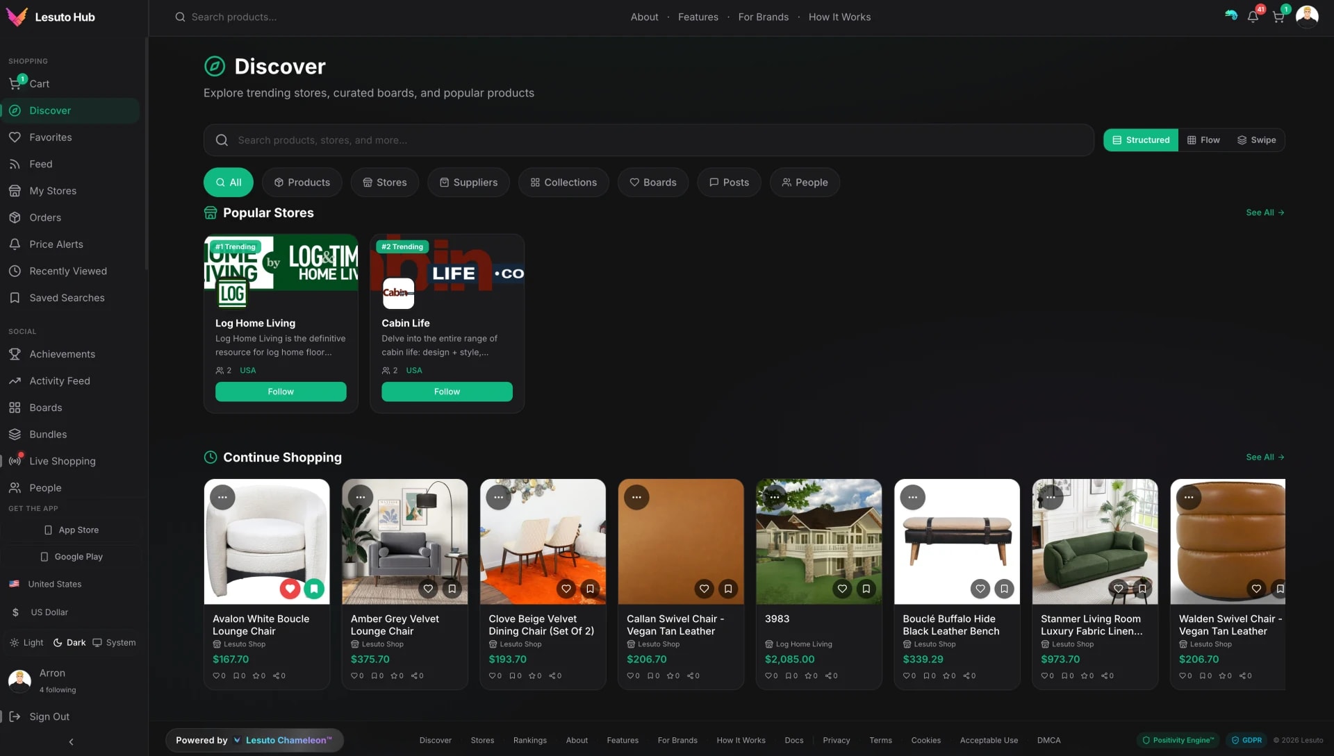 Lesuto Hub discover feed on desktop