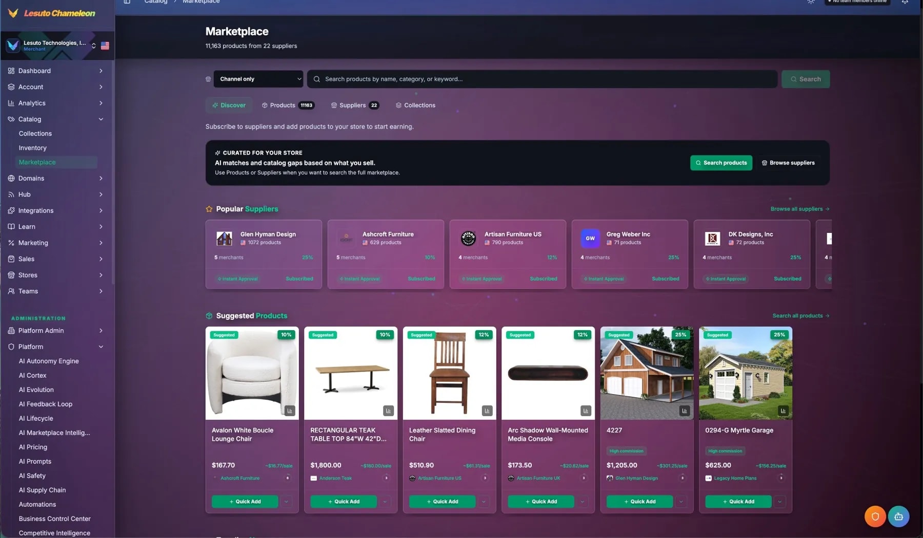 Command Center Marketplace Discover: suppliers, subscribe, and Quick Add with price and commission on every card