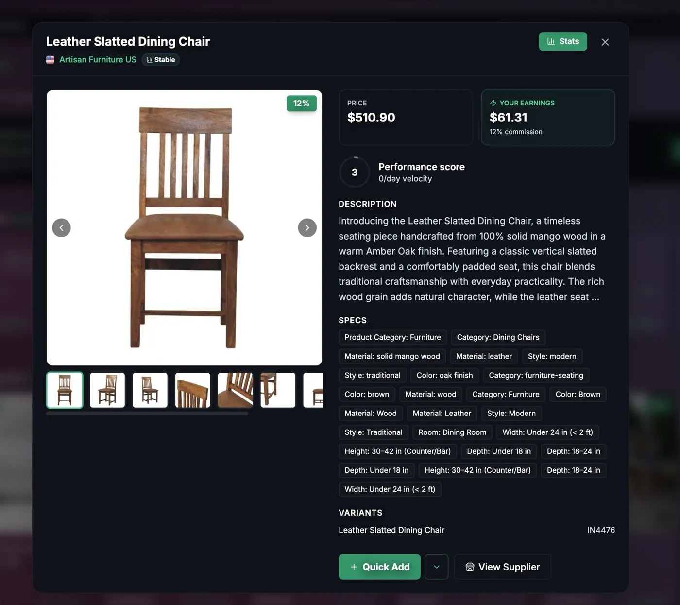 Marketplace product in Command Center: gallery, list price, earnings, and Quick Add