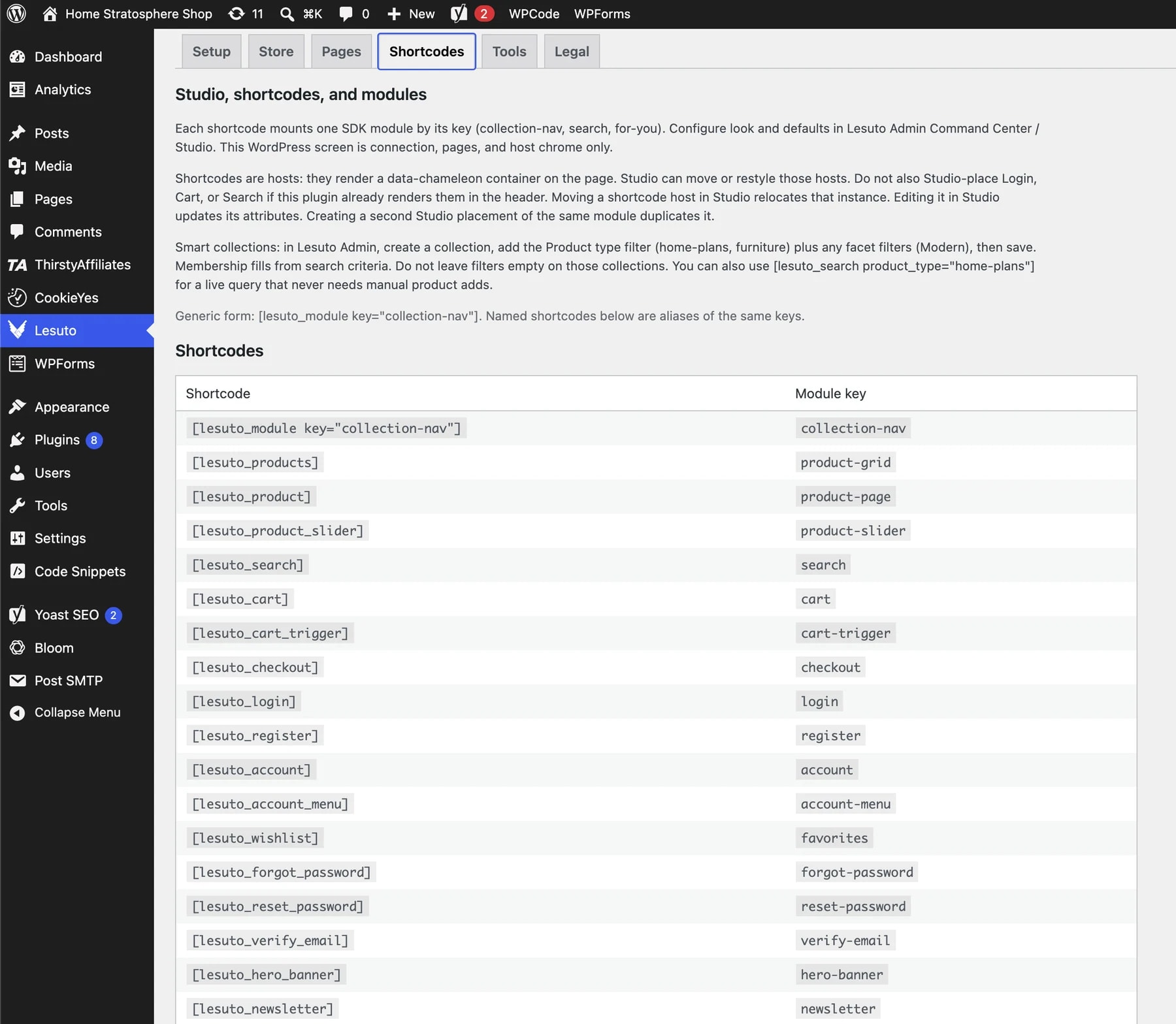Lesuto Commerce Shortcodes tab in WordPress, listing SDK shortcodes and module keys