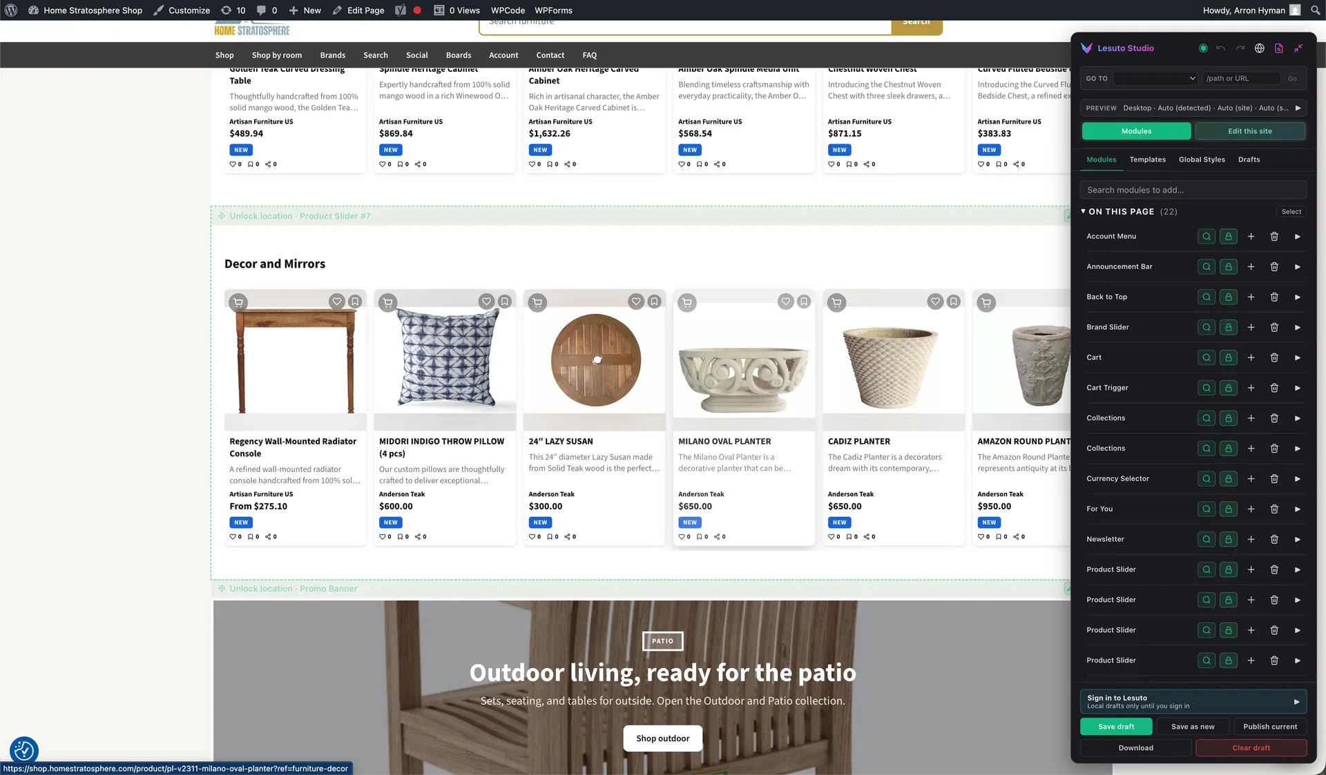 Home Stratosphere shop homepage in the WordPress editor with Lesuto Studio open