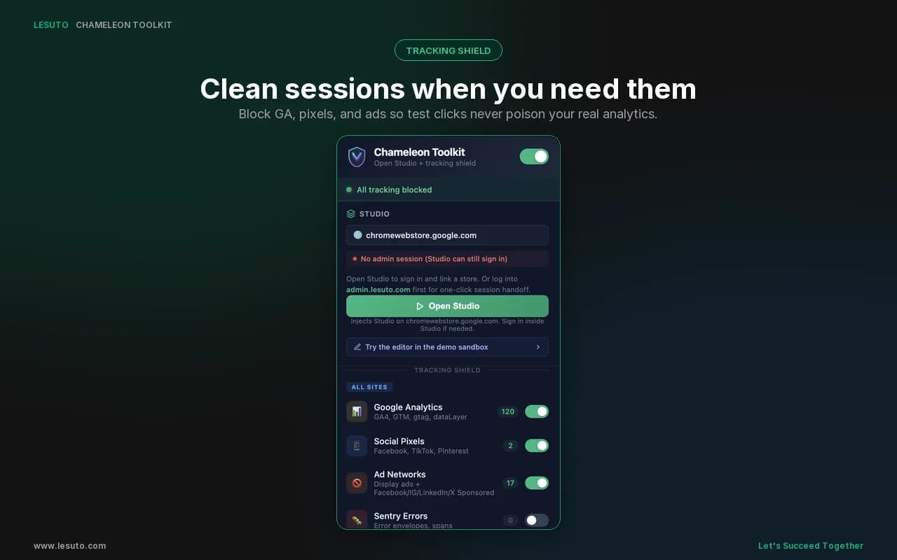 Tracking Shield with per-category toggles and Open Studio
