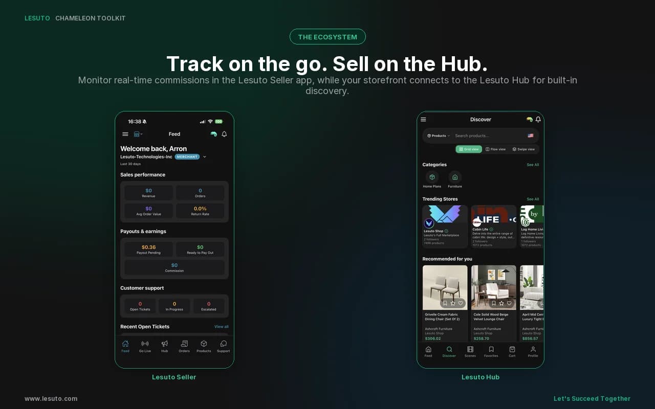 Lesuto ecosystem: Hub app and Seller app alongside the Toolkit