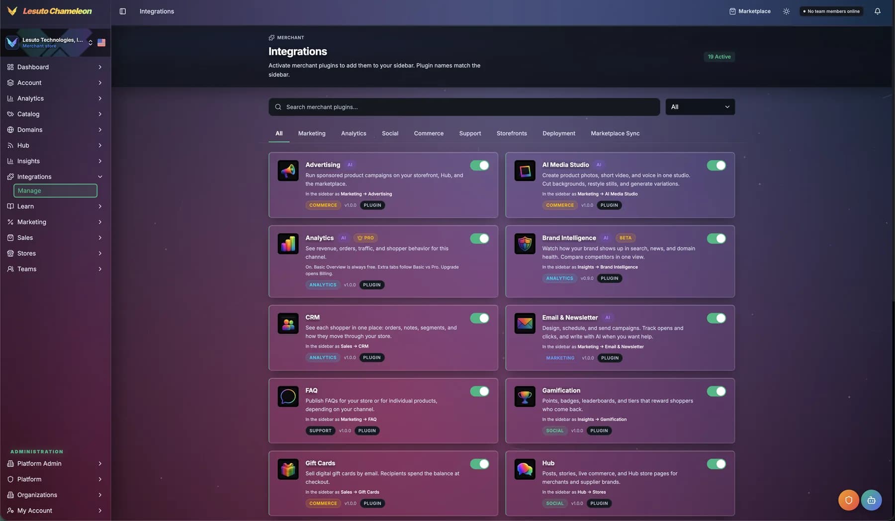 Command Center Integrations: merchant plugins with search, category filters, and one-click activate